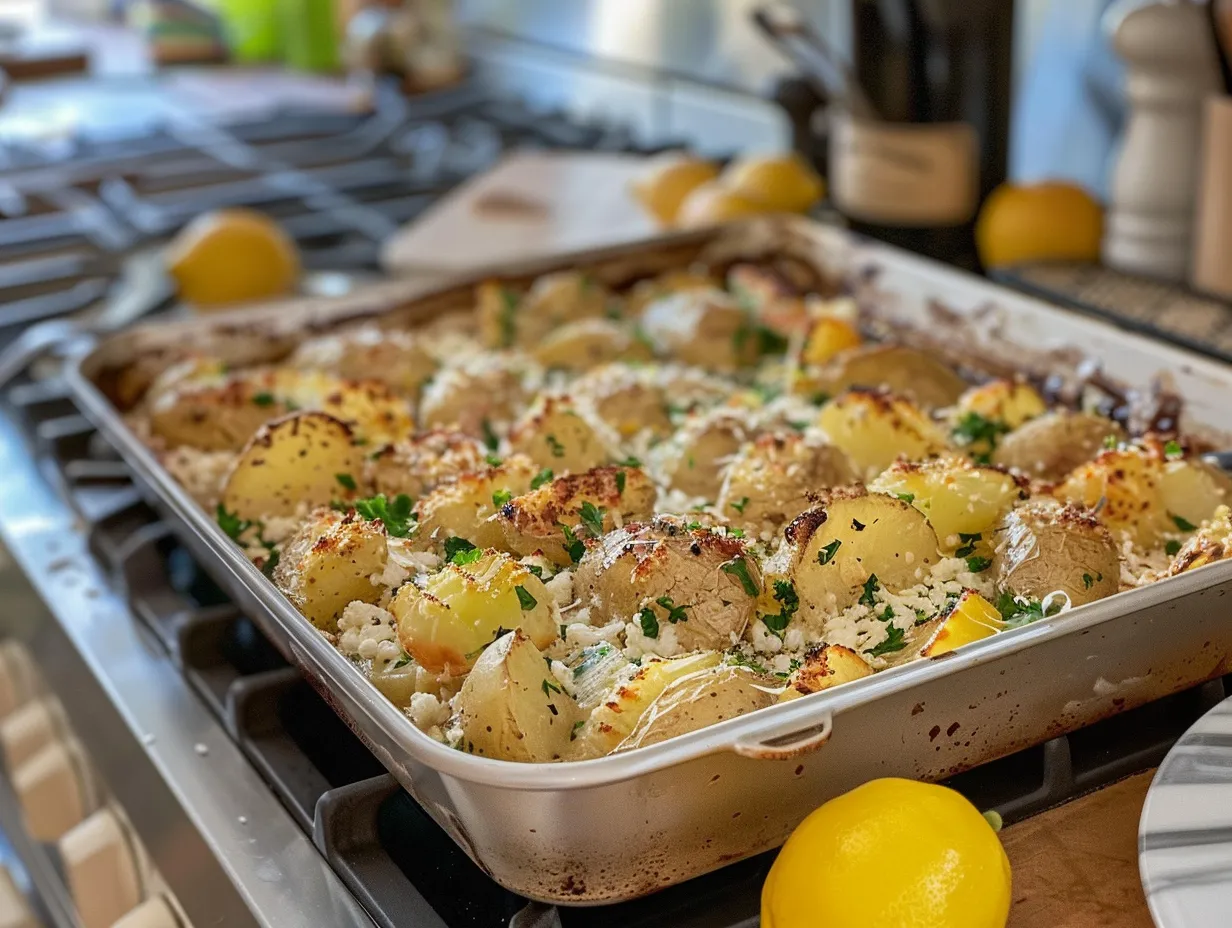 Finished greek roast potatoes