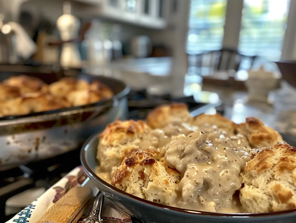 finished homemade drop biscuits and sausage gravy