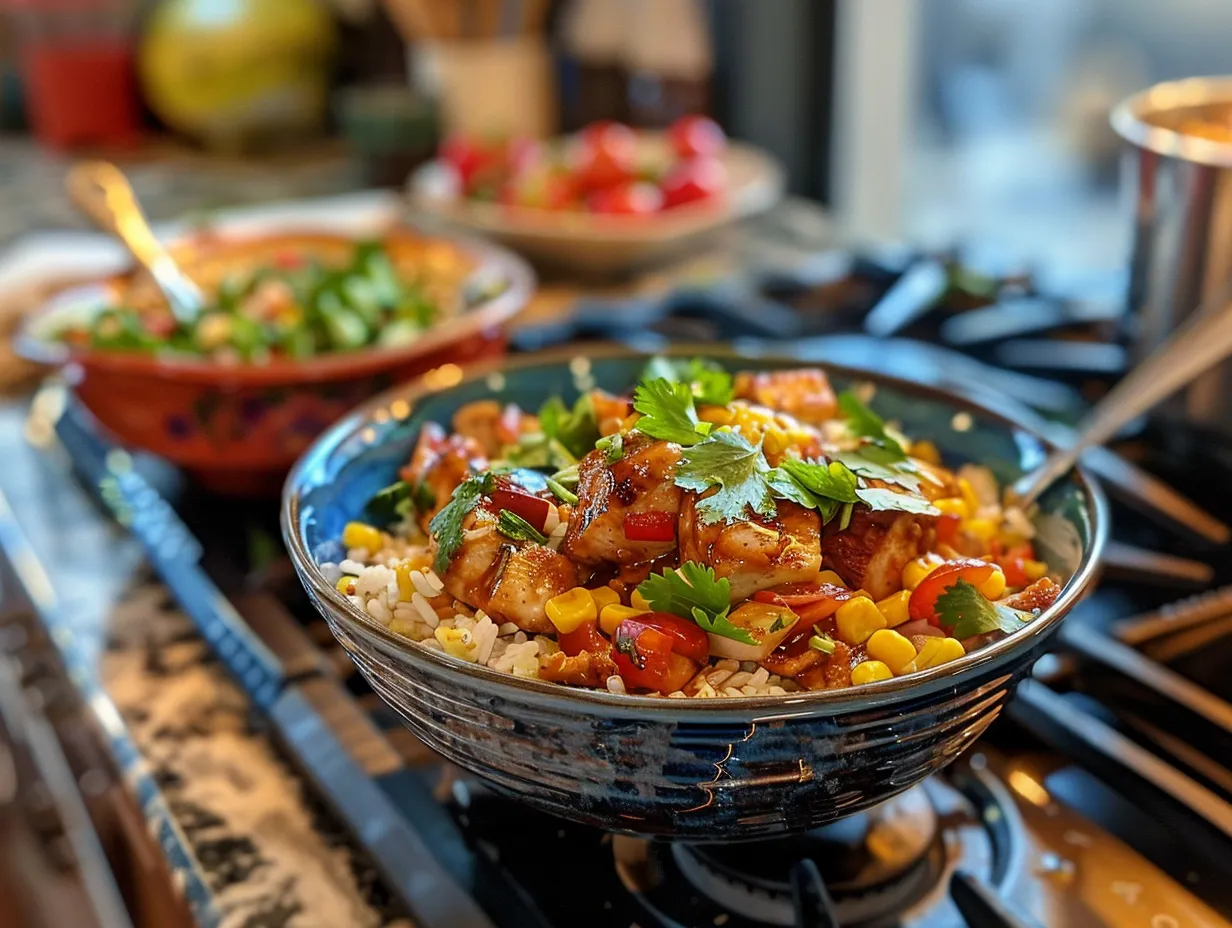 Finished Honey Chipotle Chicken Bowls with Corn Salsa