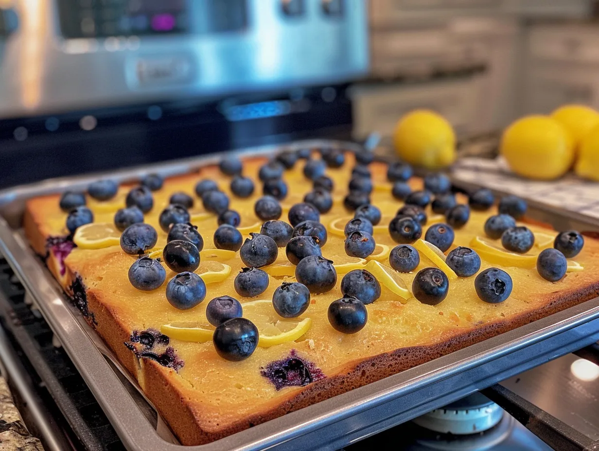 Finished Lemon Blueberry Sheet Cake in Kitchen