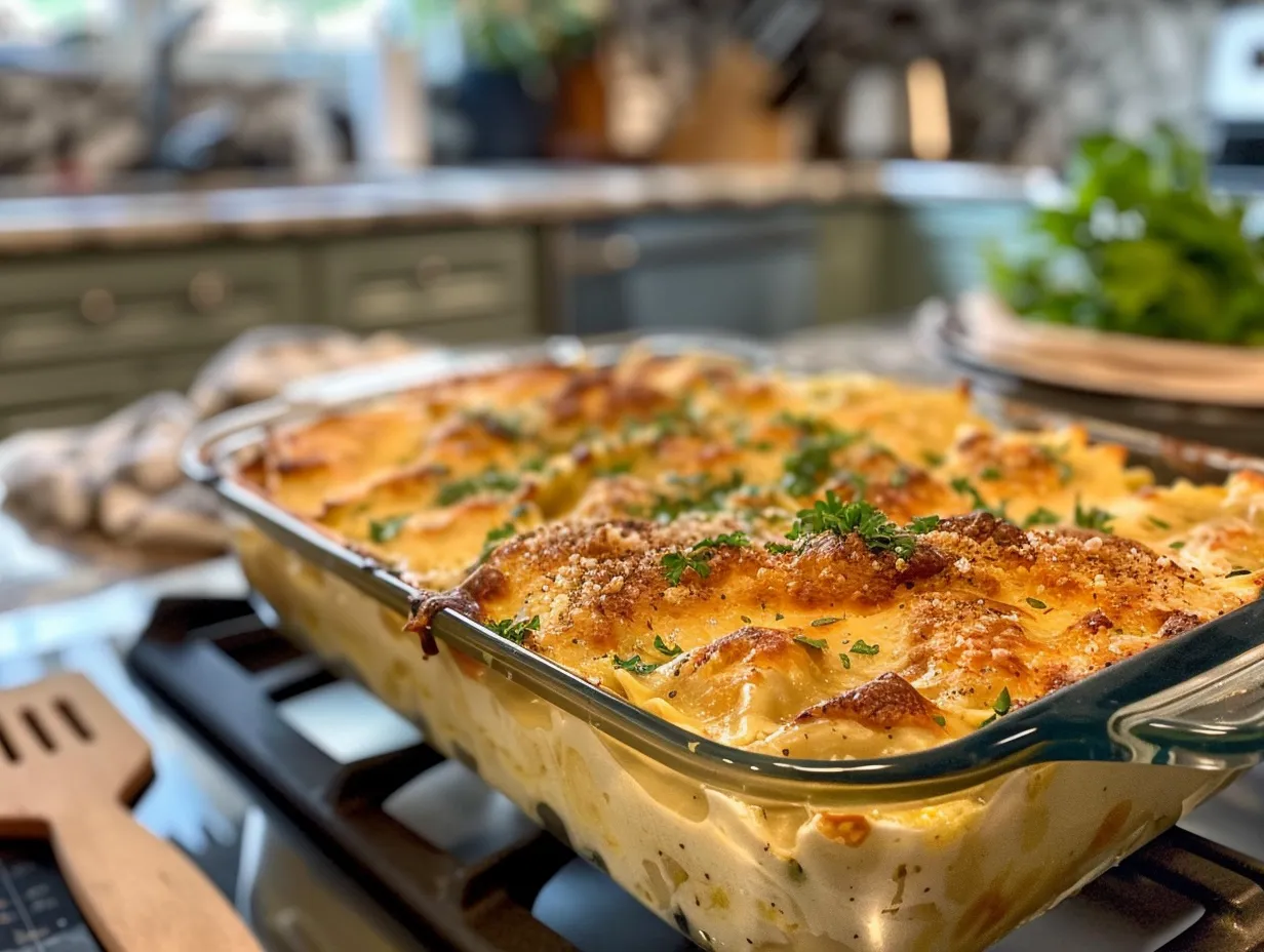 finished million dollar ravioli casserole on kitchen counter