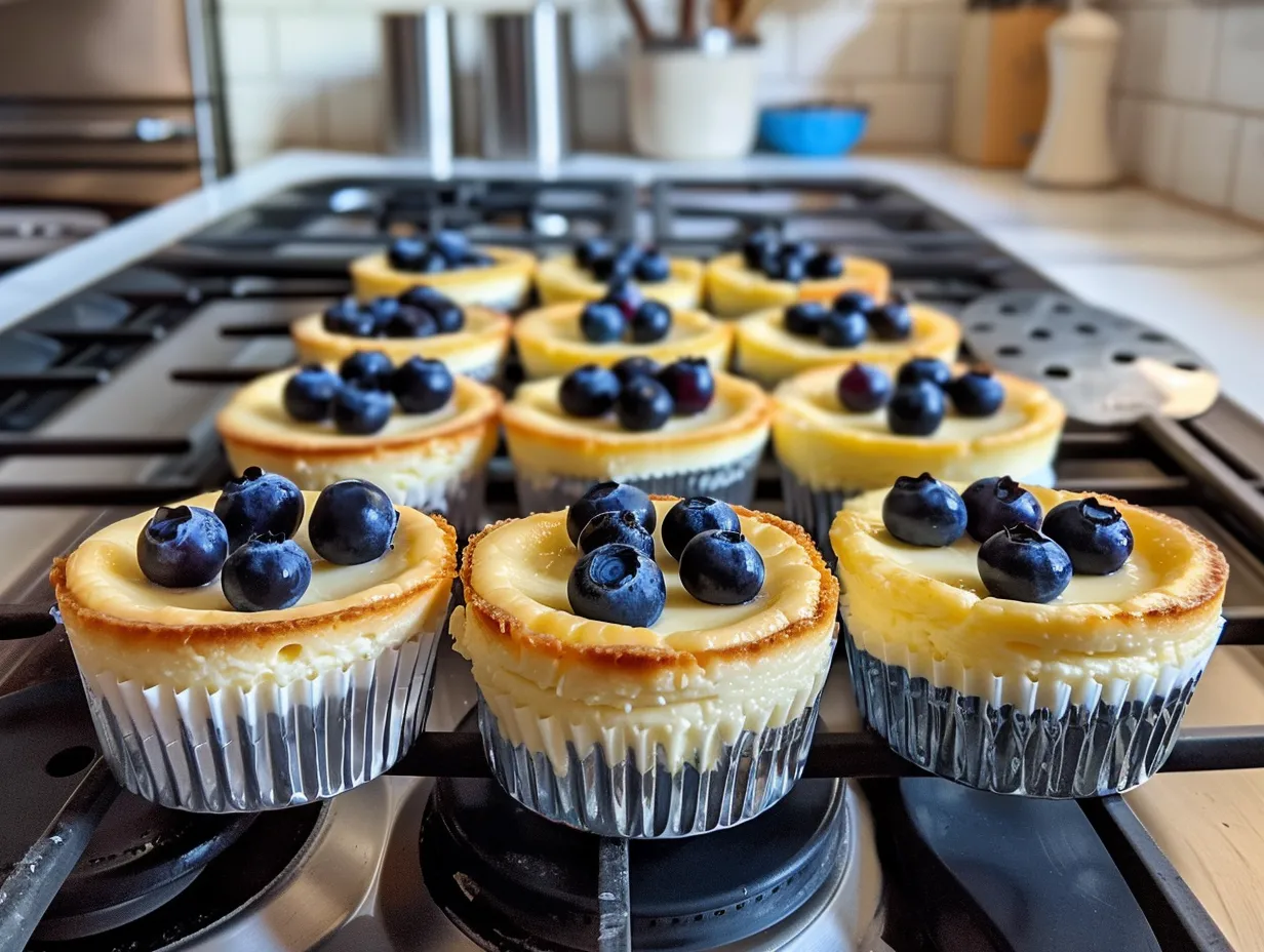 Finished mini blueberry cheesecakes