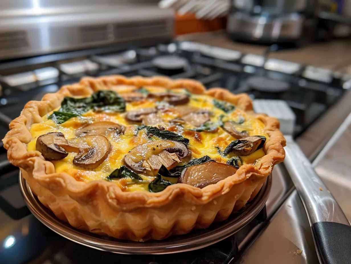 Finished mini mushroom and spinach quiche on display