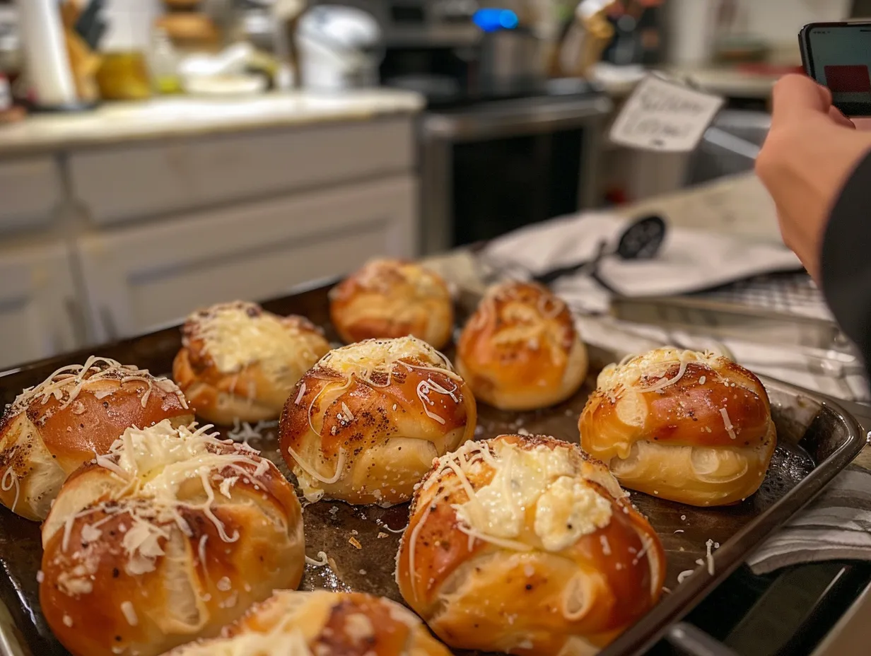 Finished mozzarella stuffed soft pretzels on kitchen counter