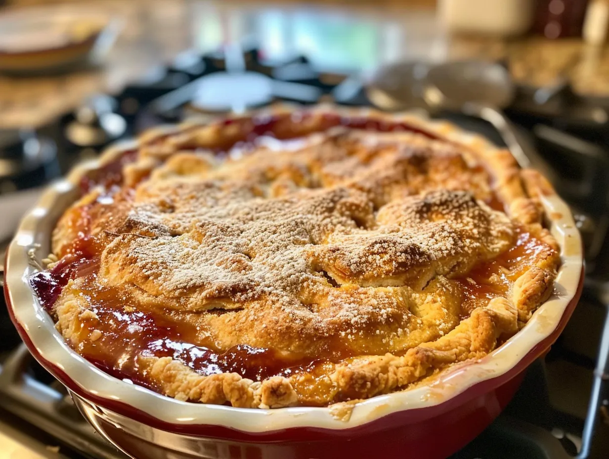Finished nectarine cobbler on kitchen counter