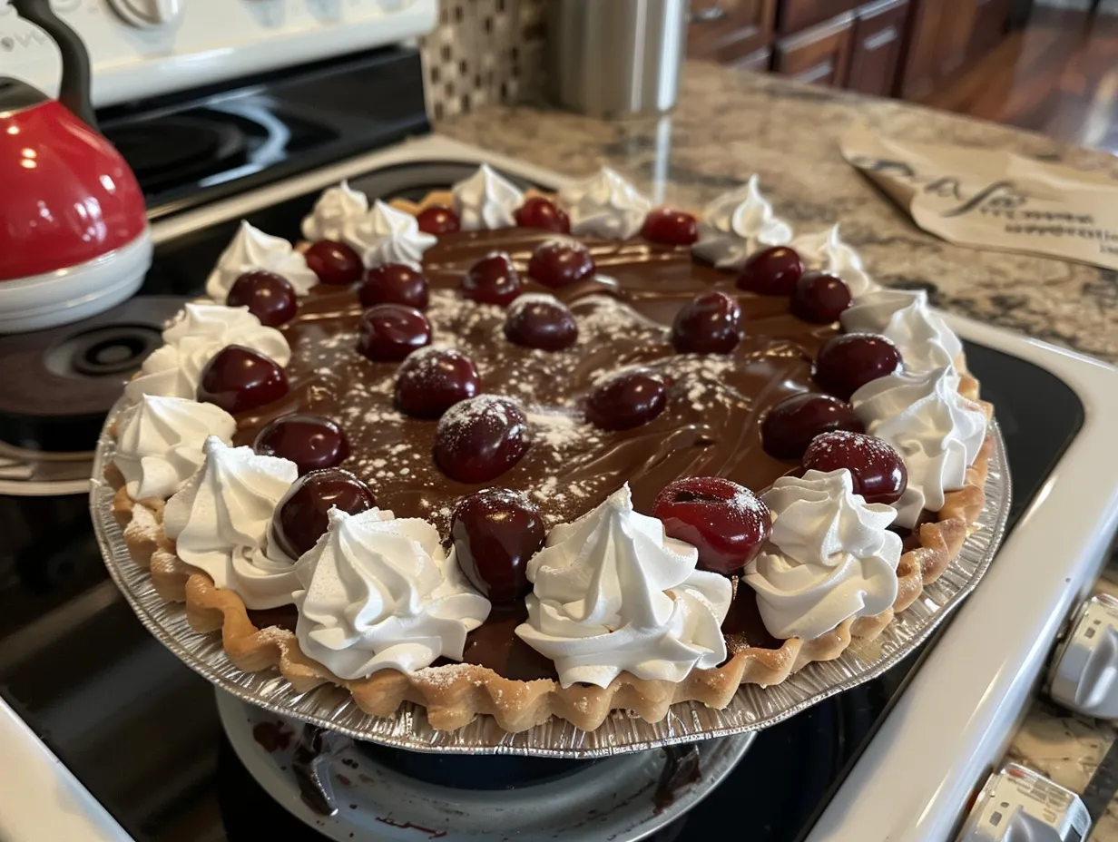 Finished no-bake chocolate cherry cream pie