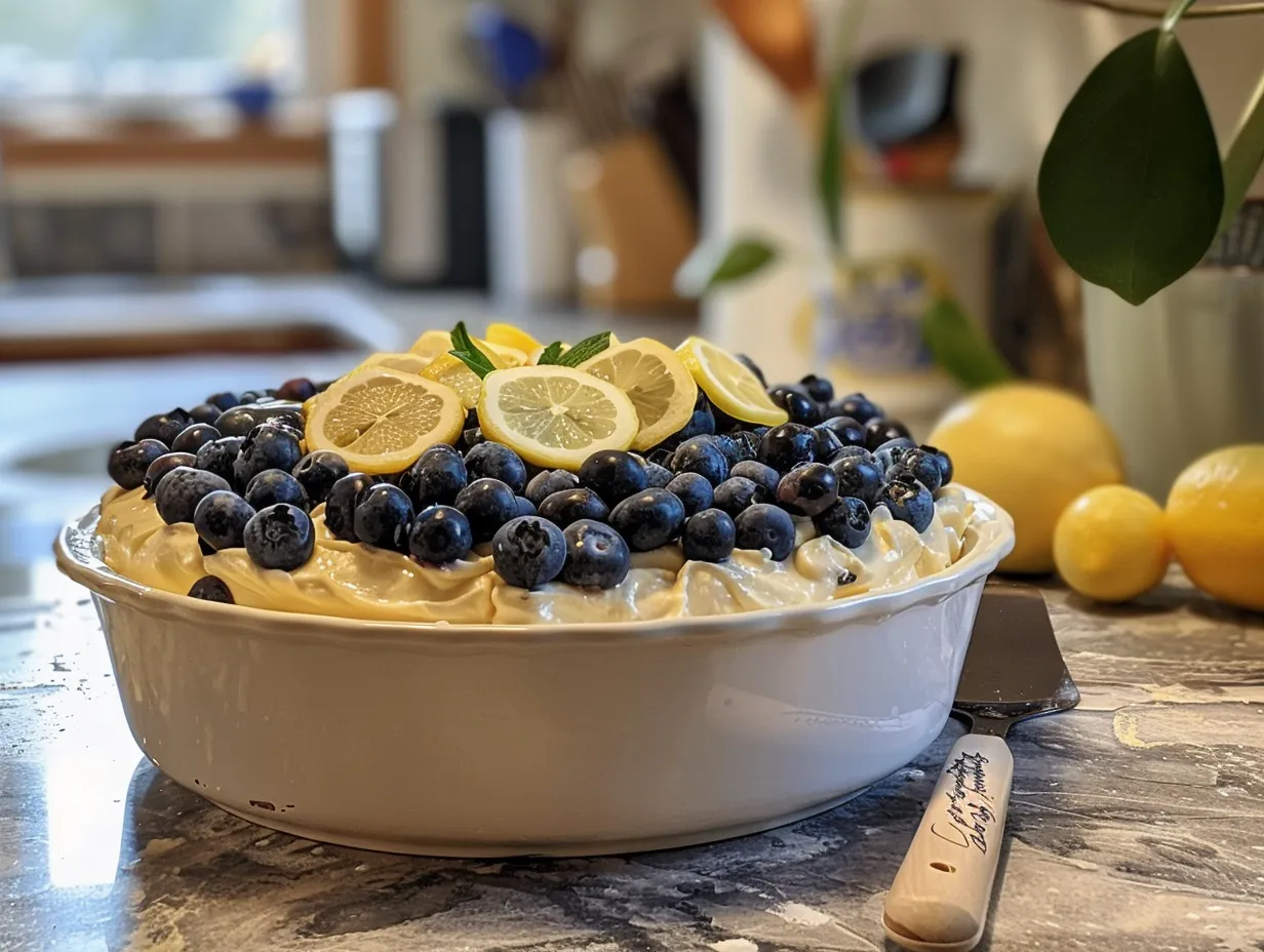 finished no bake lemon blueberry dessert on kitchen counter