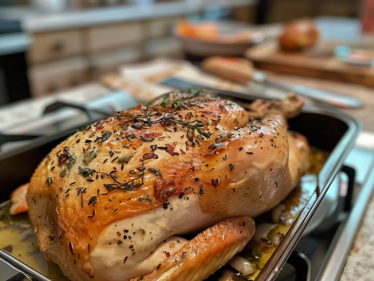Finished oven roasted chicken in a kitchen setting