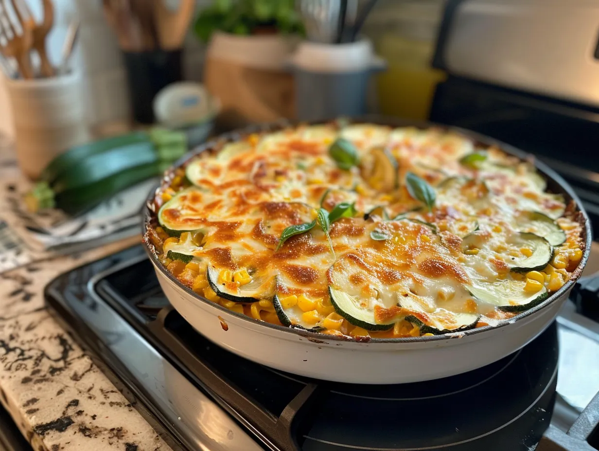 finished parmesan zucchini corn dish on kitchen counter