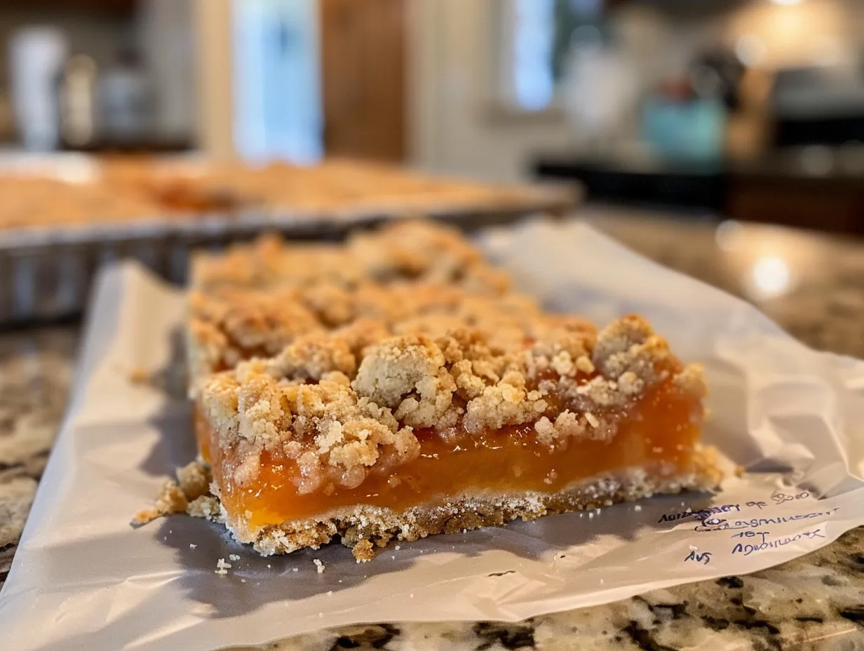 finished peach crumble bars on kitchen counter