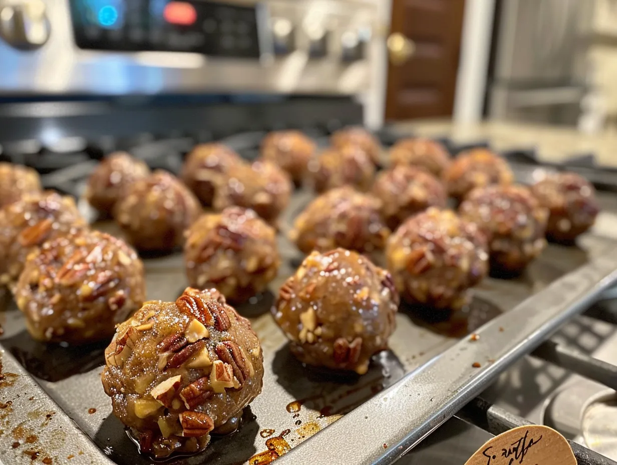 finished pecan pie balls on a kitchen counter