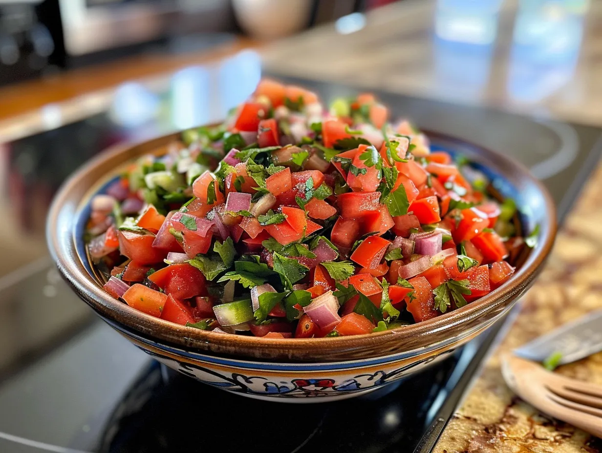 Finished pico de gallo with a handwritten recipe card
