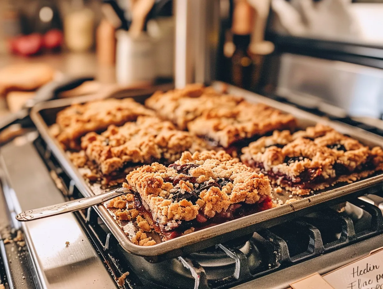 Finished Plum Crumble Bars On A Kitchen Counter