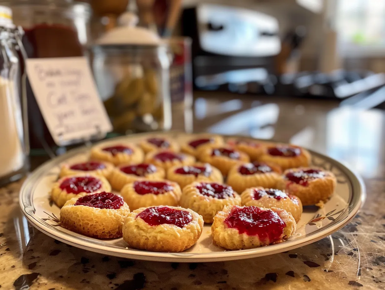 Finished raspberry cheesecake thumbprint cookies on a table