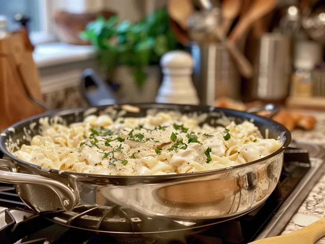 Finished rotisserie chicken alfredo dish