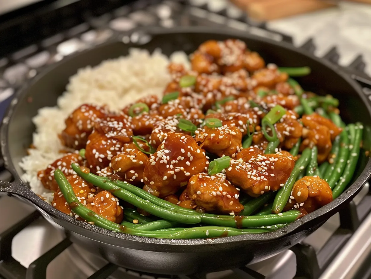 finished sesame chicken with green beans and rice
