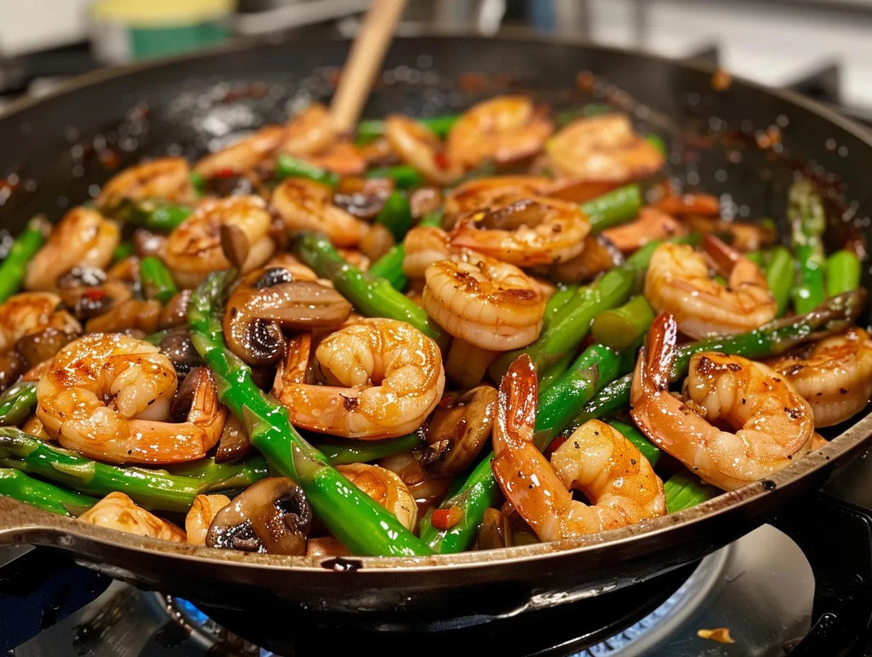 Finished shrimp stir fry on kitchen counter