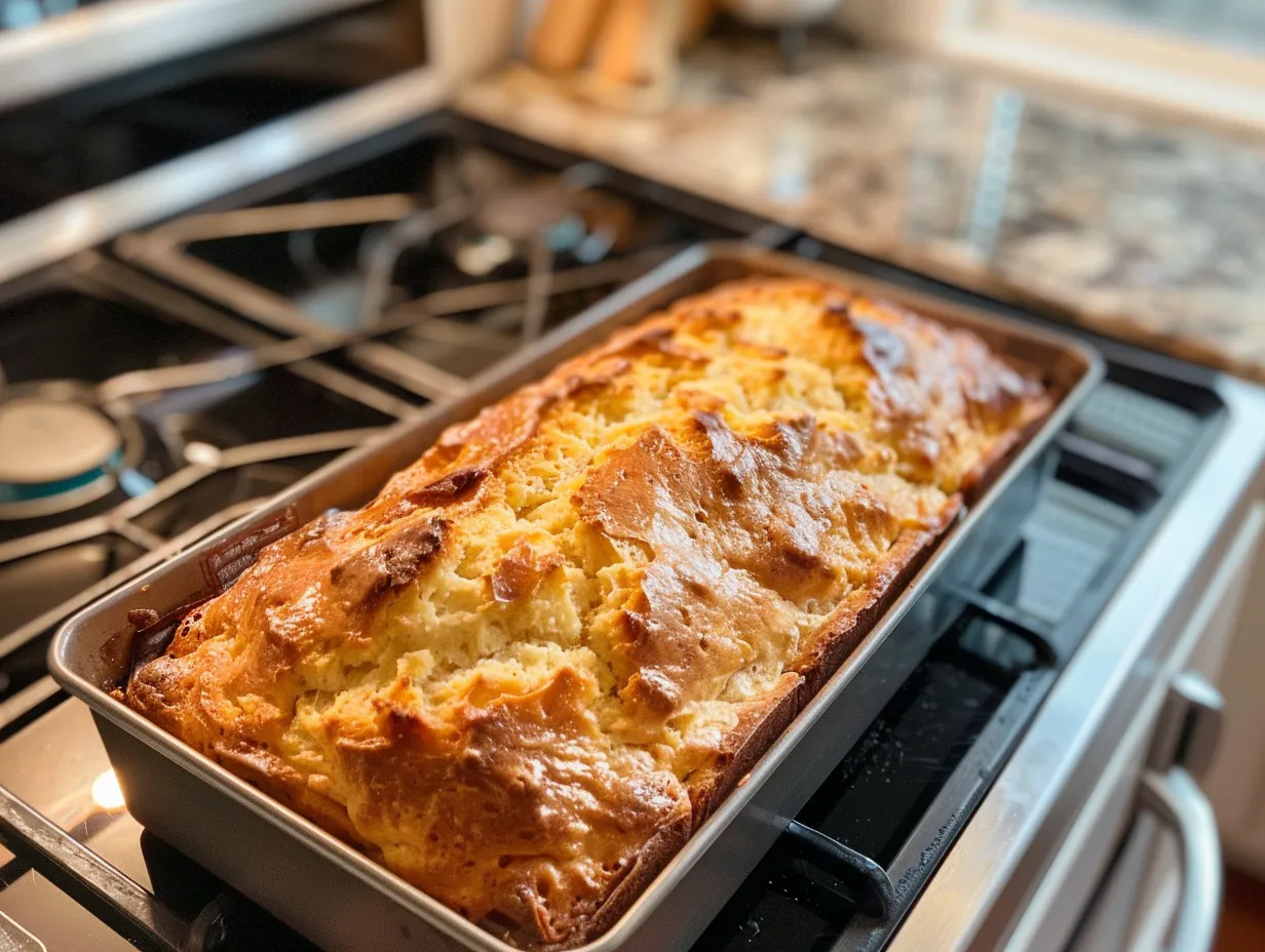 Finished southern peach bread on a kitchen counter