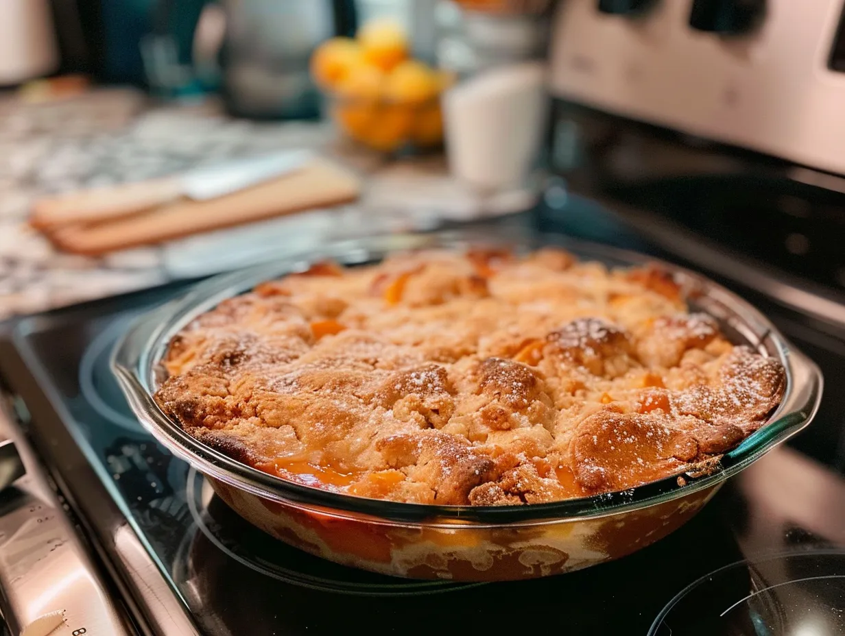 Finished southern peach cobbler with a note
