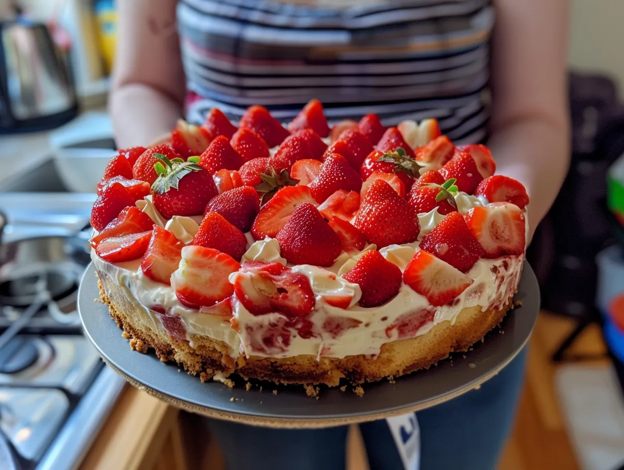 Finished Strawberry Cheesecake Poke Cake