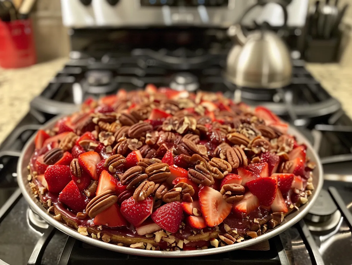 Finished strawberry pecan pretzel salad ready to enjoy