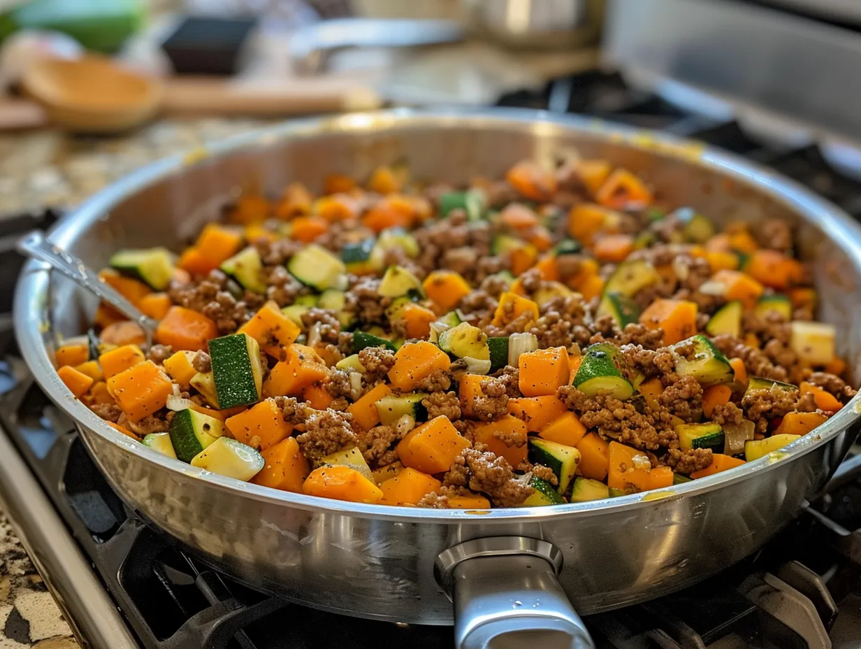 Finished sweet potato zucchini ground beef skillet
