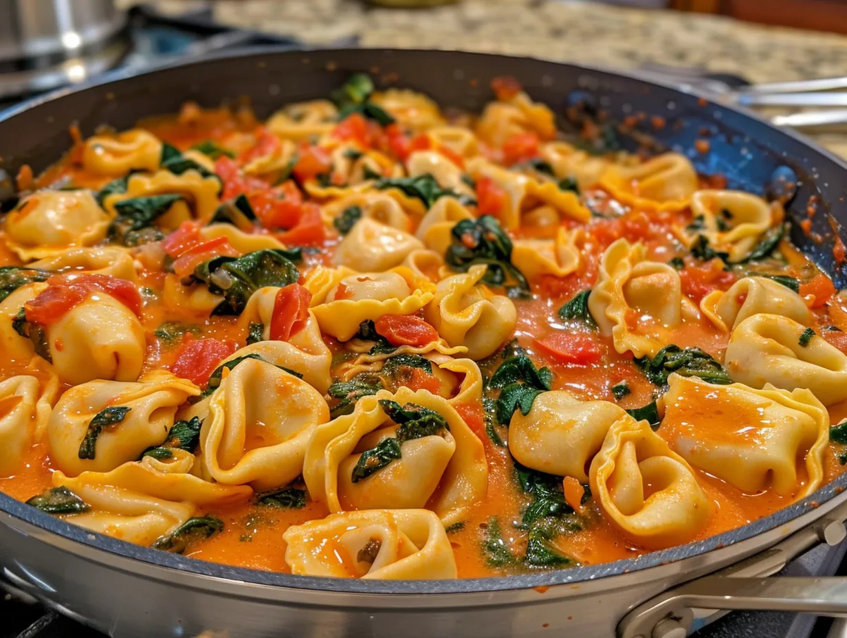 finished tortellini dish on stove