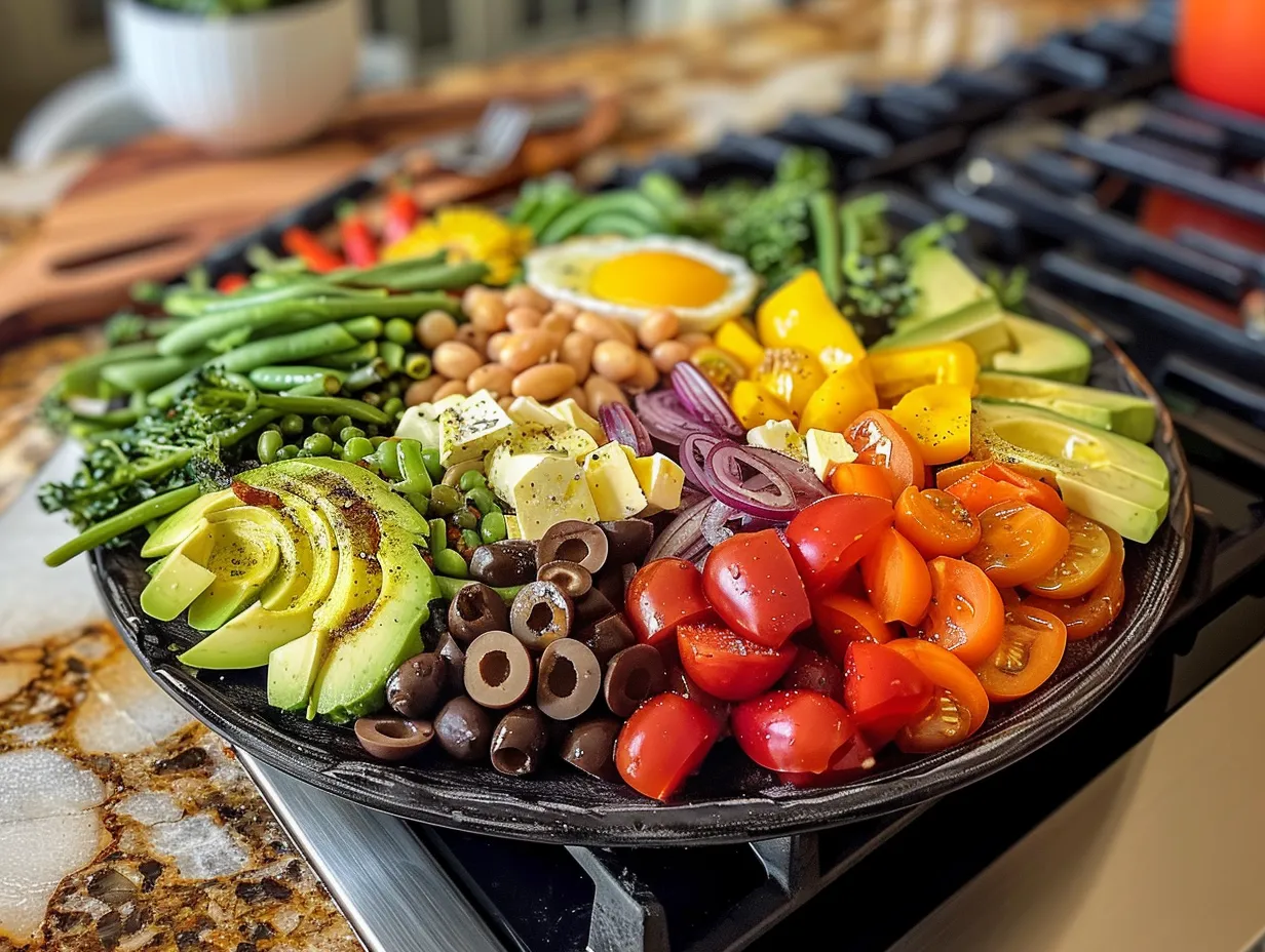 Finished Veggie Nicoise Salad on a Kitchen Counter