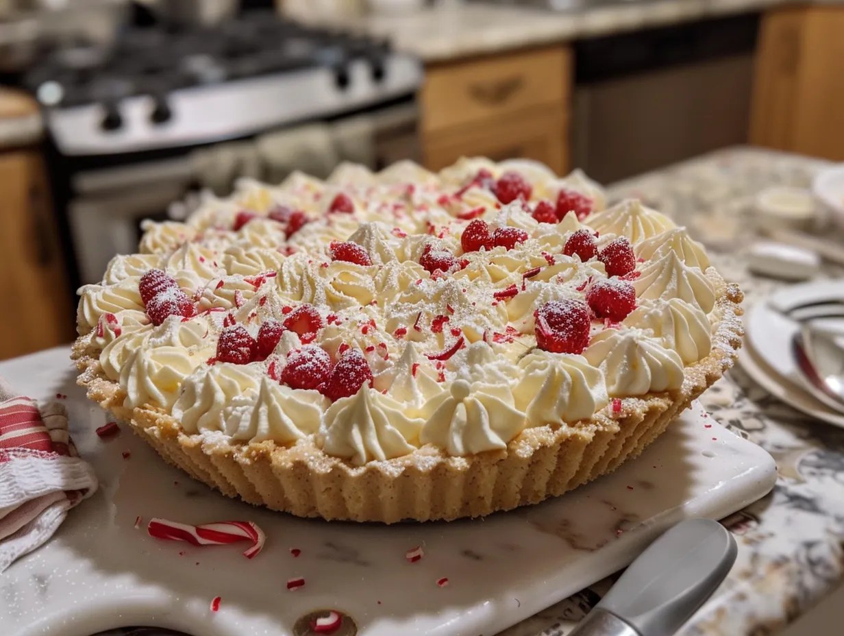Finished white chocolate peppermint cheesecake mousse pie