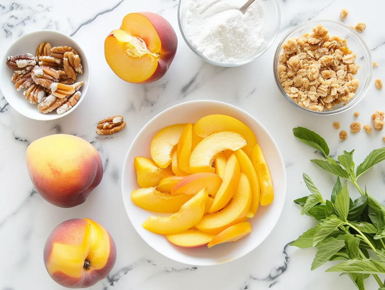 Fresh and canned ingredients laid out for an easy canned peach crisp, including peaches, butter, flour, oats, and spices.