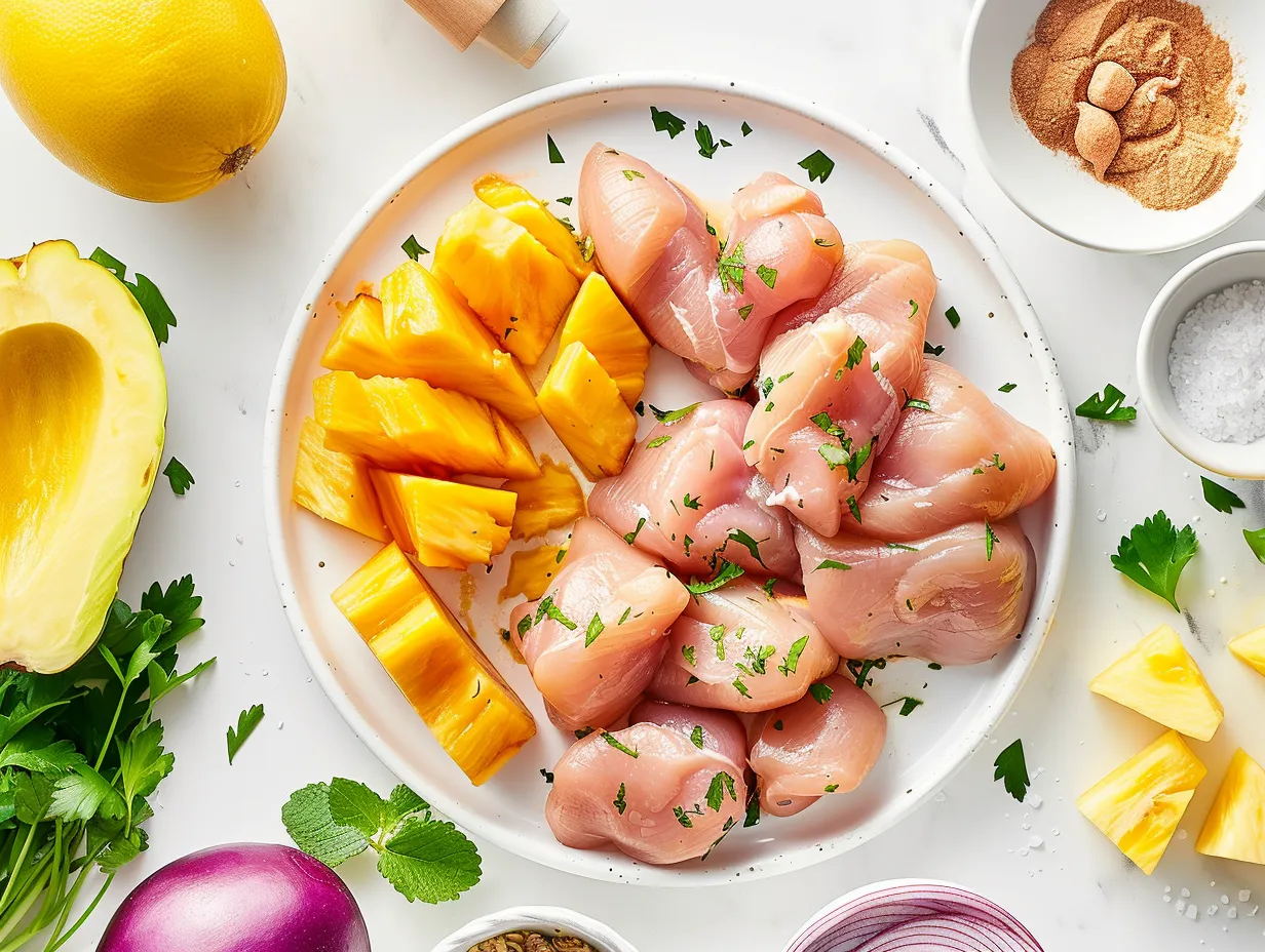 Fresh ingredients laid out for making Air Fryer Pineapple Chicken, including chicken, pineapple chunks, and various sauce ingredients.