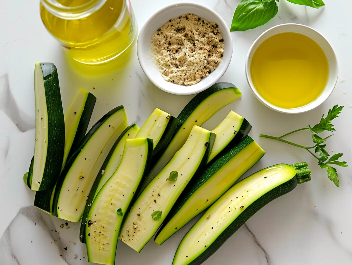 Fresh zucchini, olive oil, panko, Parmesan, and seasonings for Air Fryer Zucchini Fries
