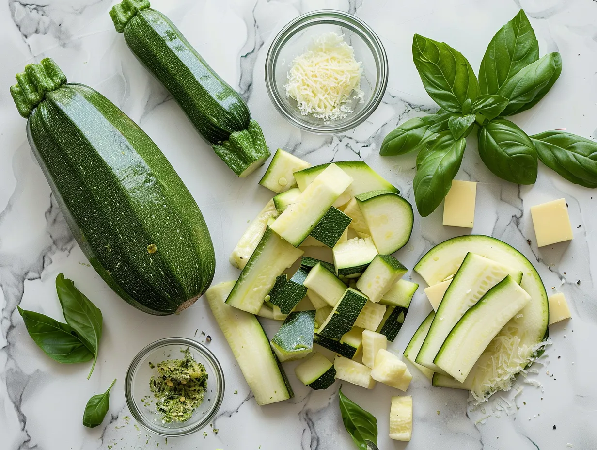 Fresh ingredients for Baked Zucchini and Cheese, including zucchini, cheeses, onion, garlic, and herbs.