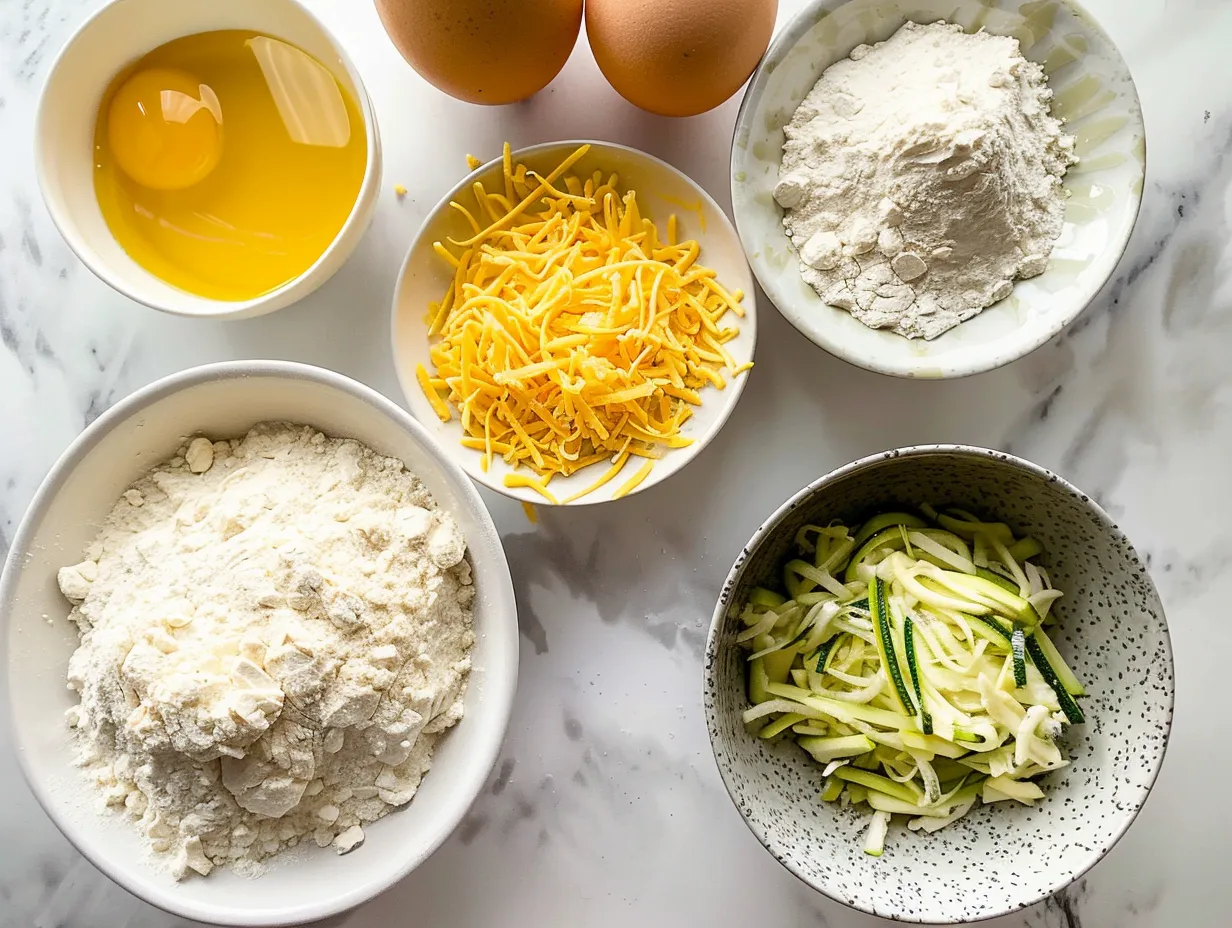 Fresh ingredients for Cheddar Zucchini Bread laid out on a kitchen counter, including zucchini, a block of cheddar cheese, eggs, and flour.