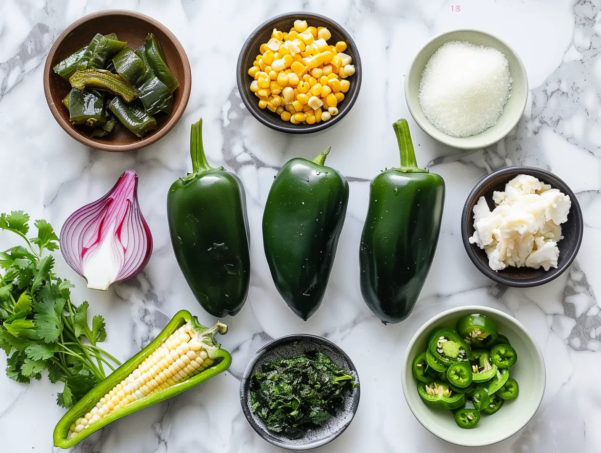 fresh ingredients for cheesy chicken and corn stuffed poblano peppers