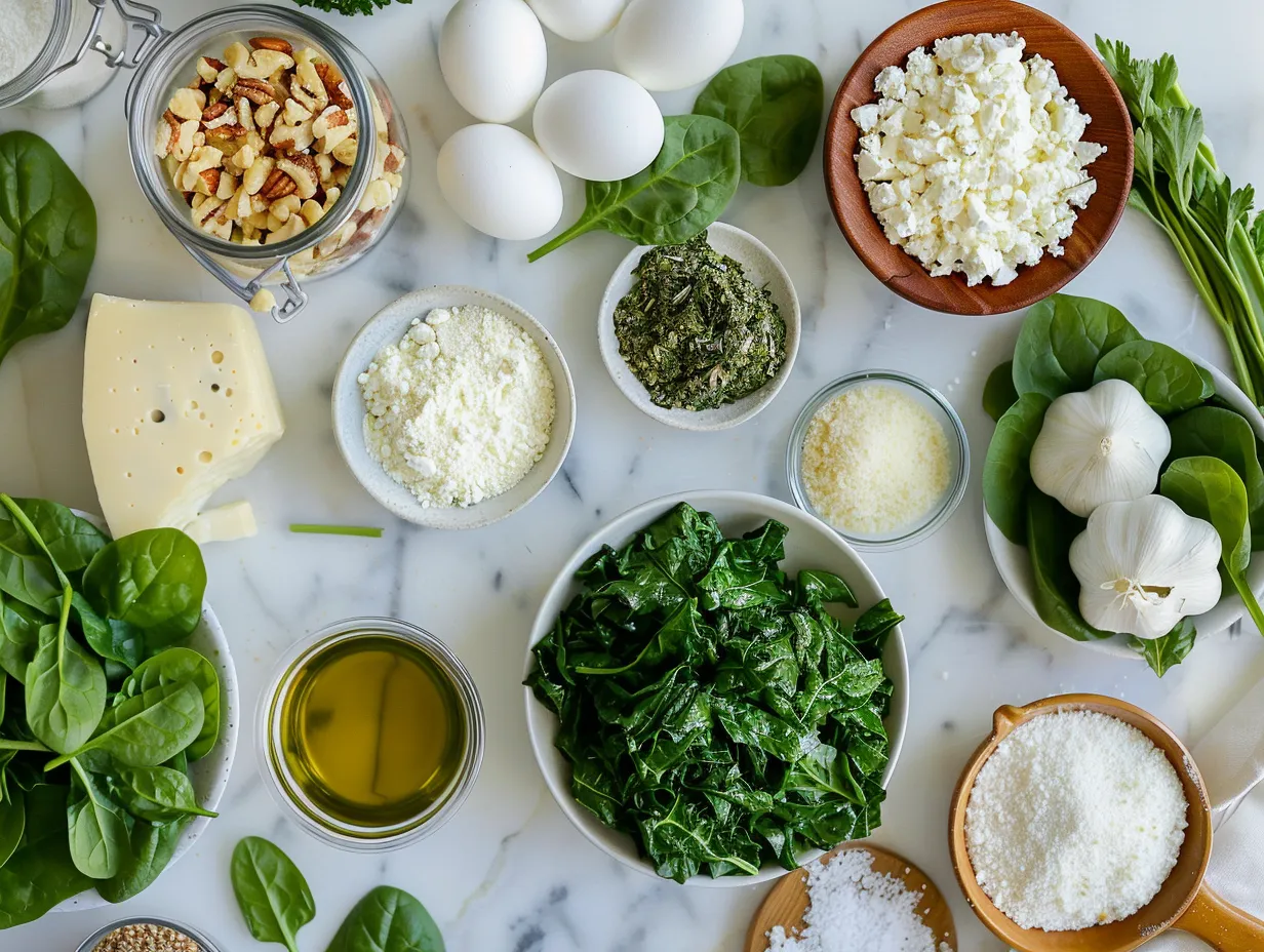 Fresh ingredients for Cheesy Spinach Casserole arranged on a wooden board