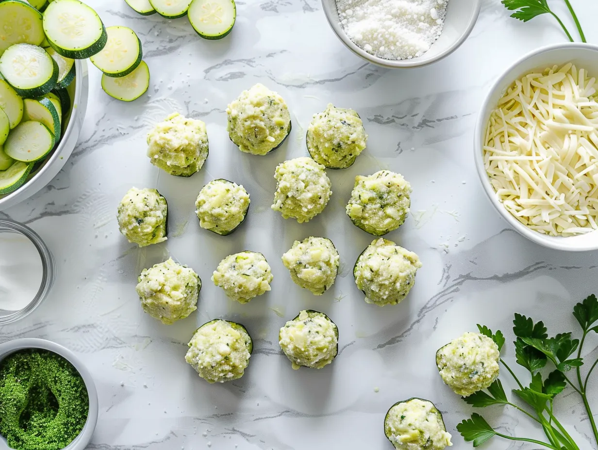 Fresh ingredients laid out for Cheesy Zucchini Bites, including shredded zucchini, cheddar cheese, Parmesan, chives, an egg, and spices.