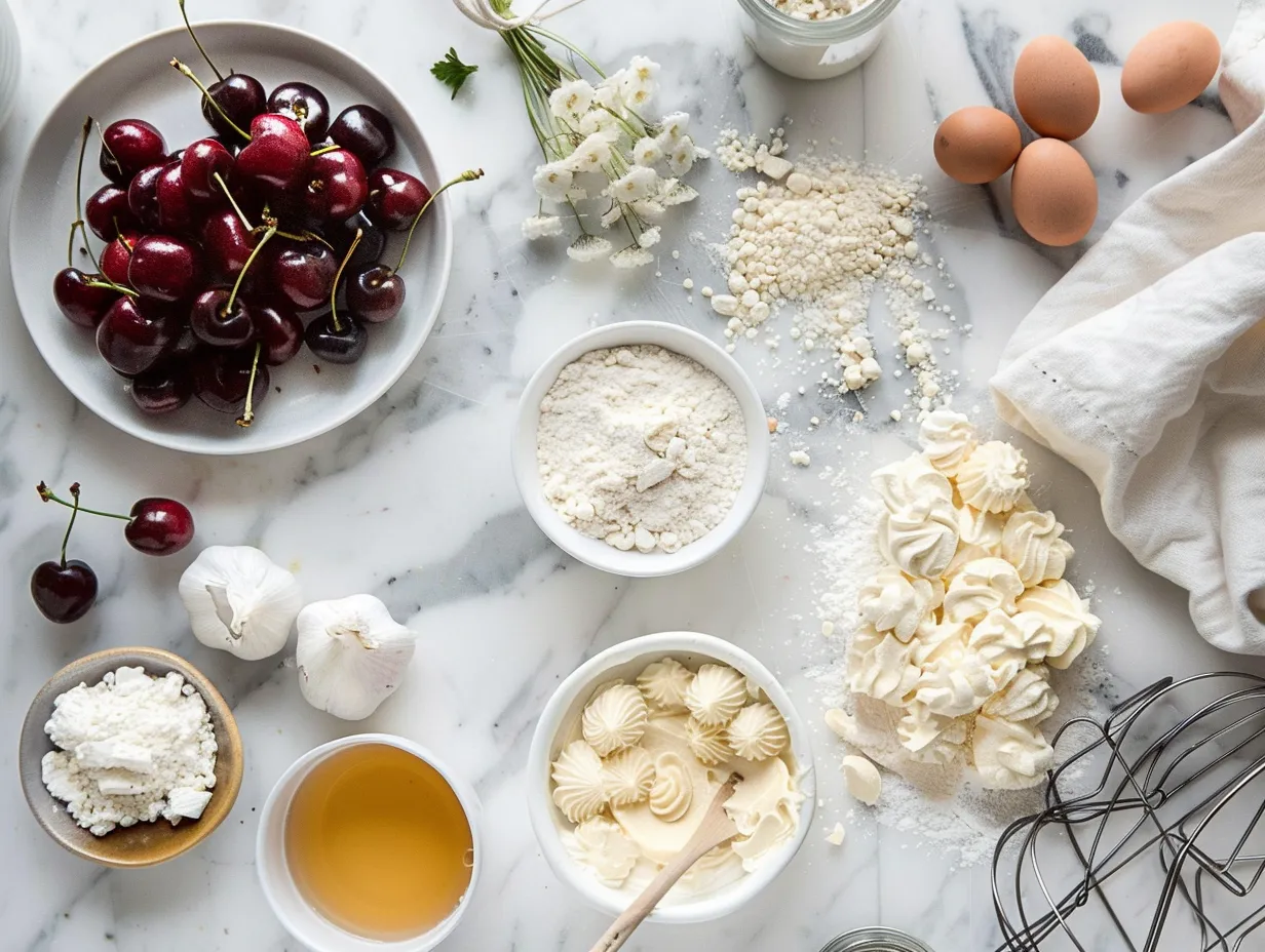 Fresh ingredients for Cherry Cream Cheese Pastry including cherries, cream cheese, and puff pastry.