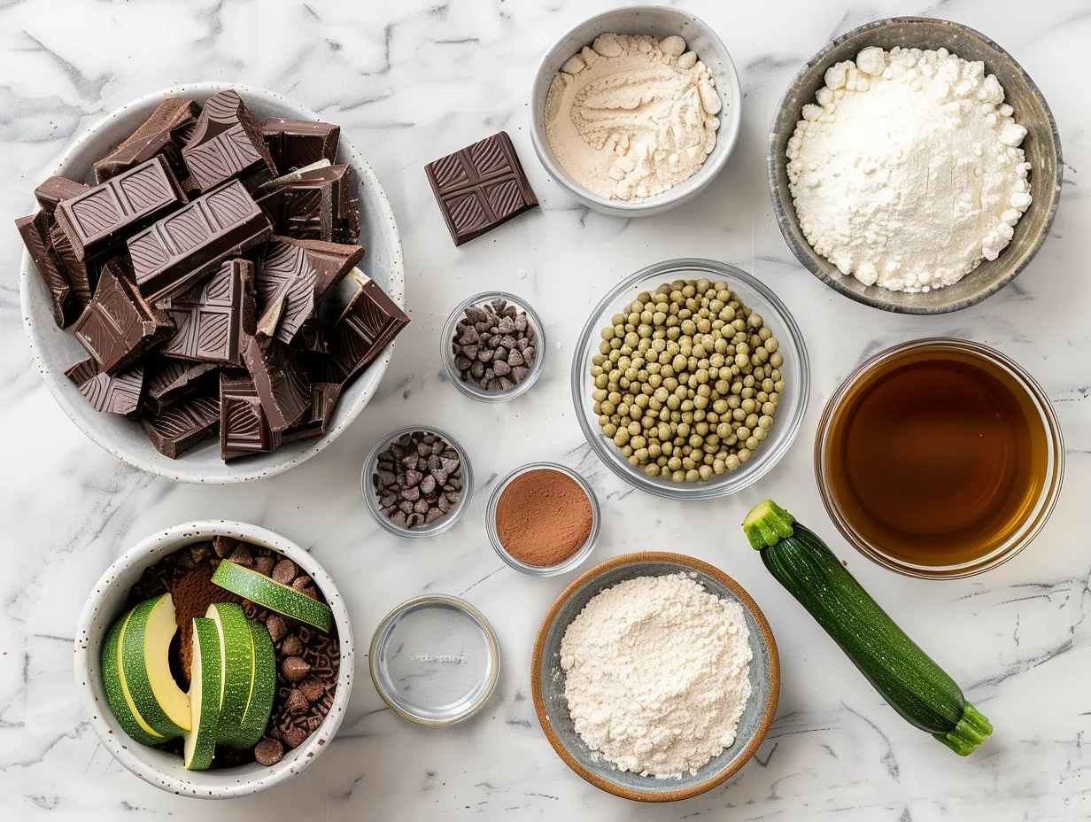 Fresh ingredients for Chocolate Zucchini Bread, including shredded zucchini, cocoa powder, flour, and chocolate chips.