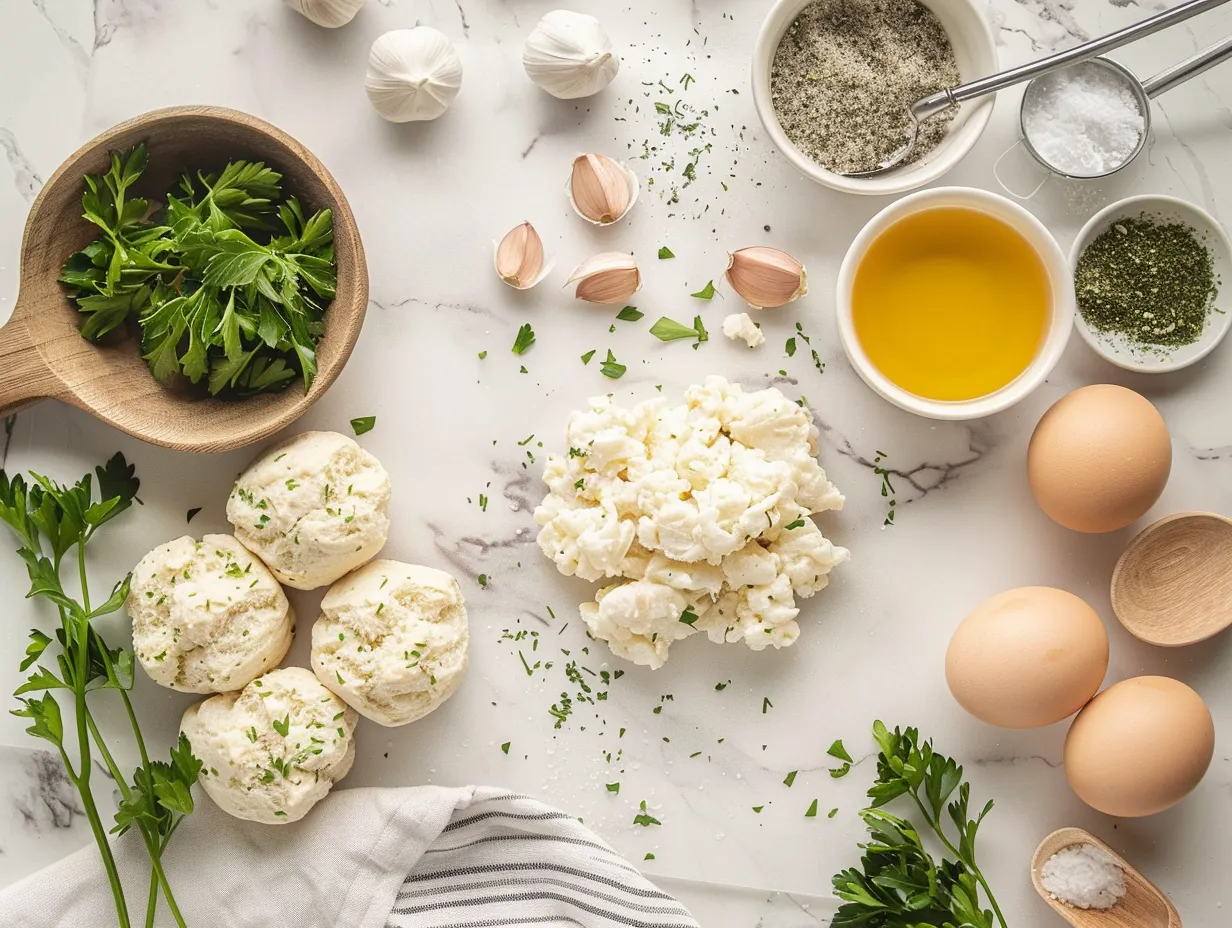 Fresh ingredients like crab meat, chives, parsley, and biscuits for the Crab Stuffed Biscuits Dish
