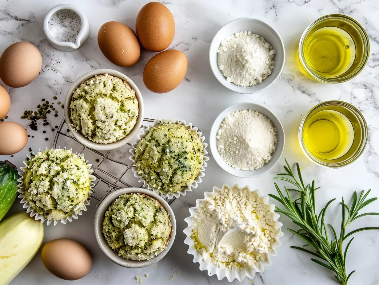 Fresh ingredients for Crispy Zucchini Muffins, including zucchini, cheese, and herbs
