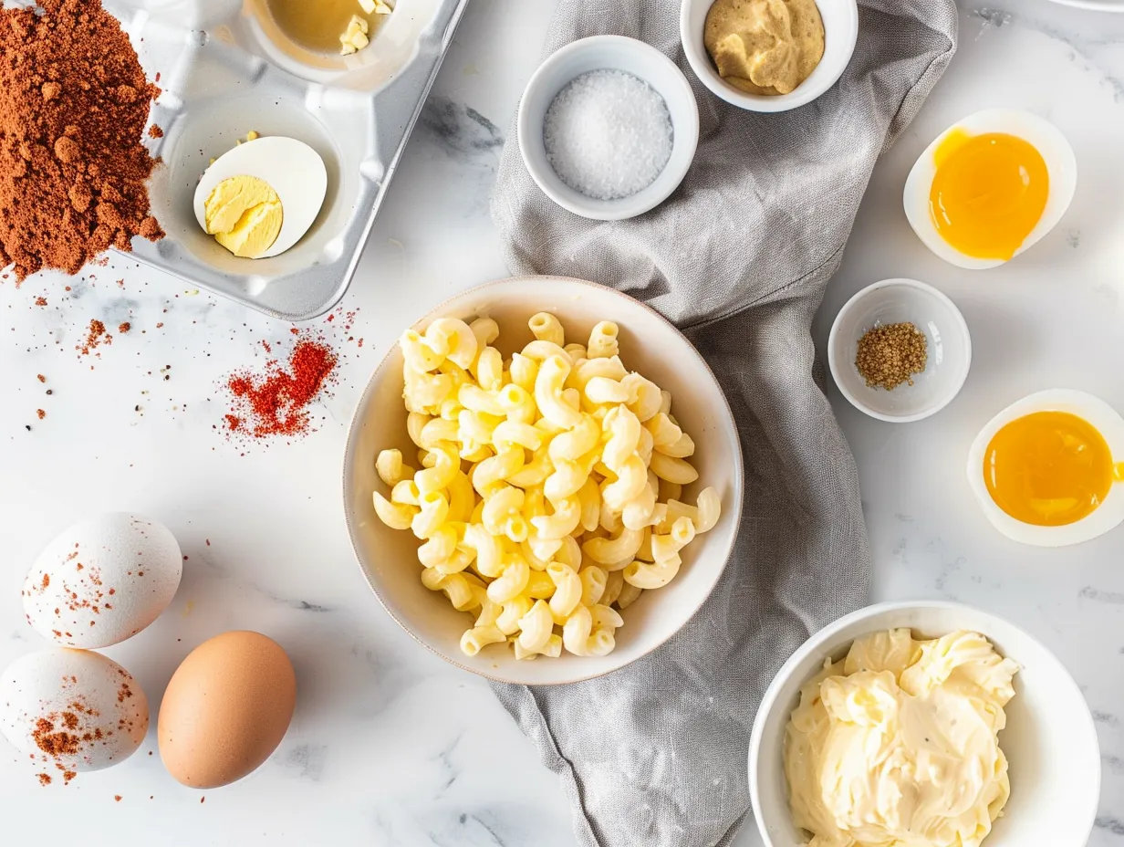 Fresh ingredients laid out for Deviled Egg Macaroni Salad, including eggs, macaroni, celery, onion, and jars of mayonnaise and mustard.