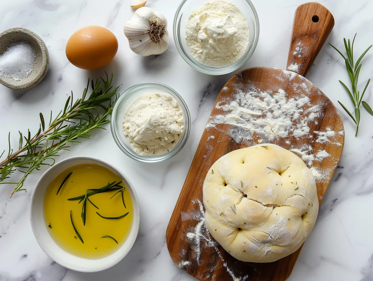 Fresh ingredients laid out for making golden crust garlic rosemary focaccia muffins, including fresh rosemary, garlic, olive oil, and flour.