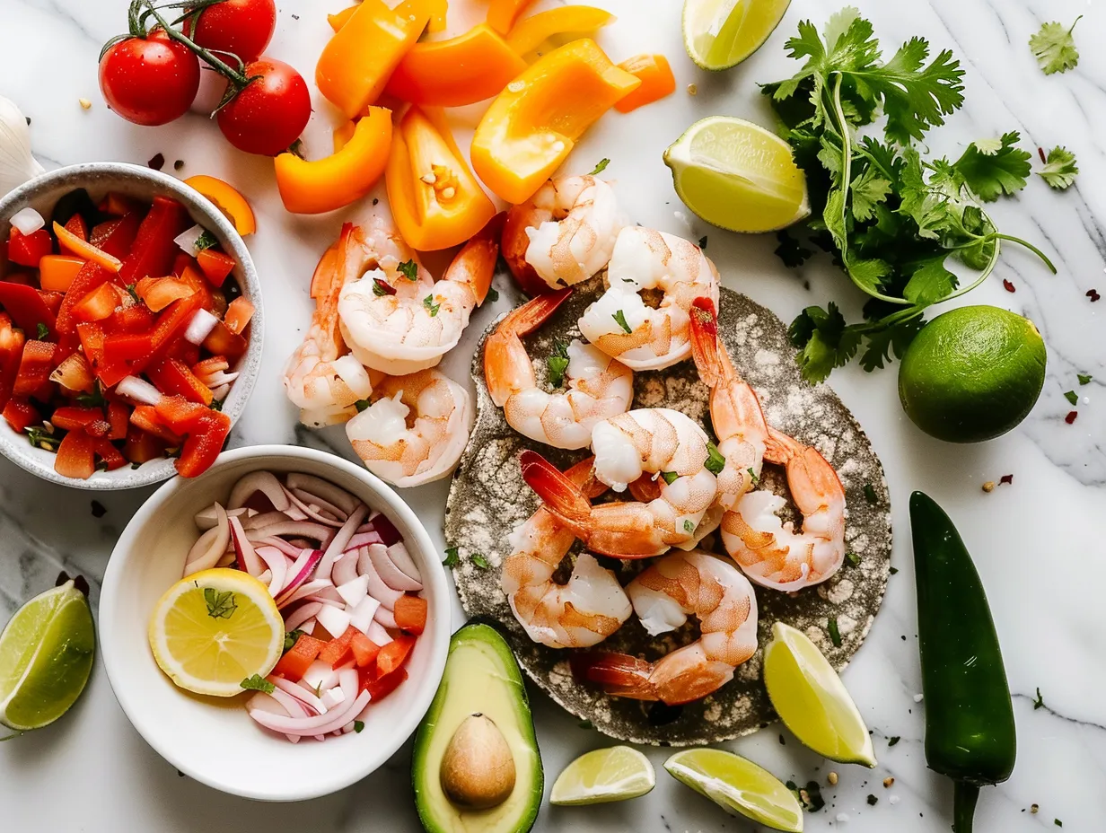 fresh ingredients for grilled shrimp tostadas