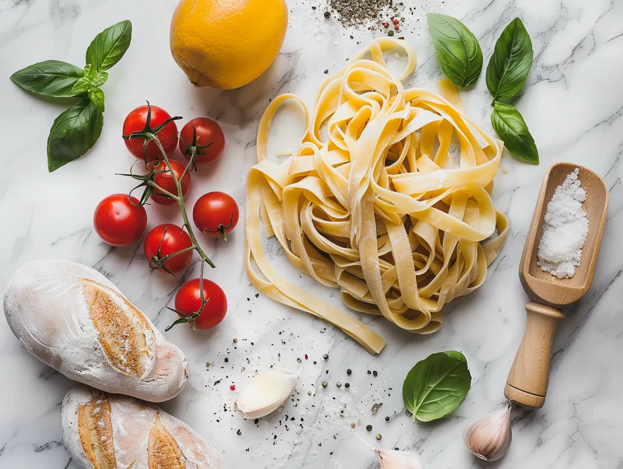 Fresh ingredients like tomatoes, garlic, onion, and herbs for an Italian Drunken Noodles dish