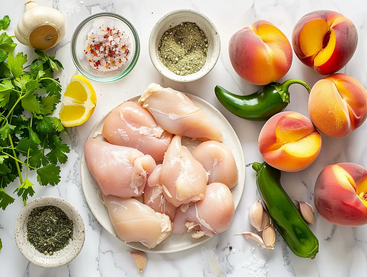 Fresh ingredients laid out for Jalapeno Peach Chicken Dish including peaches, jalapenos, chicken, and spices.