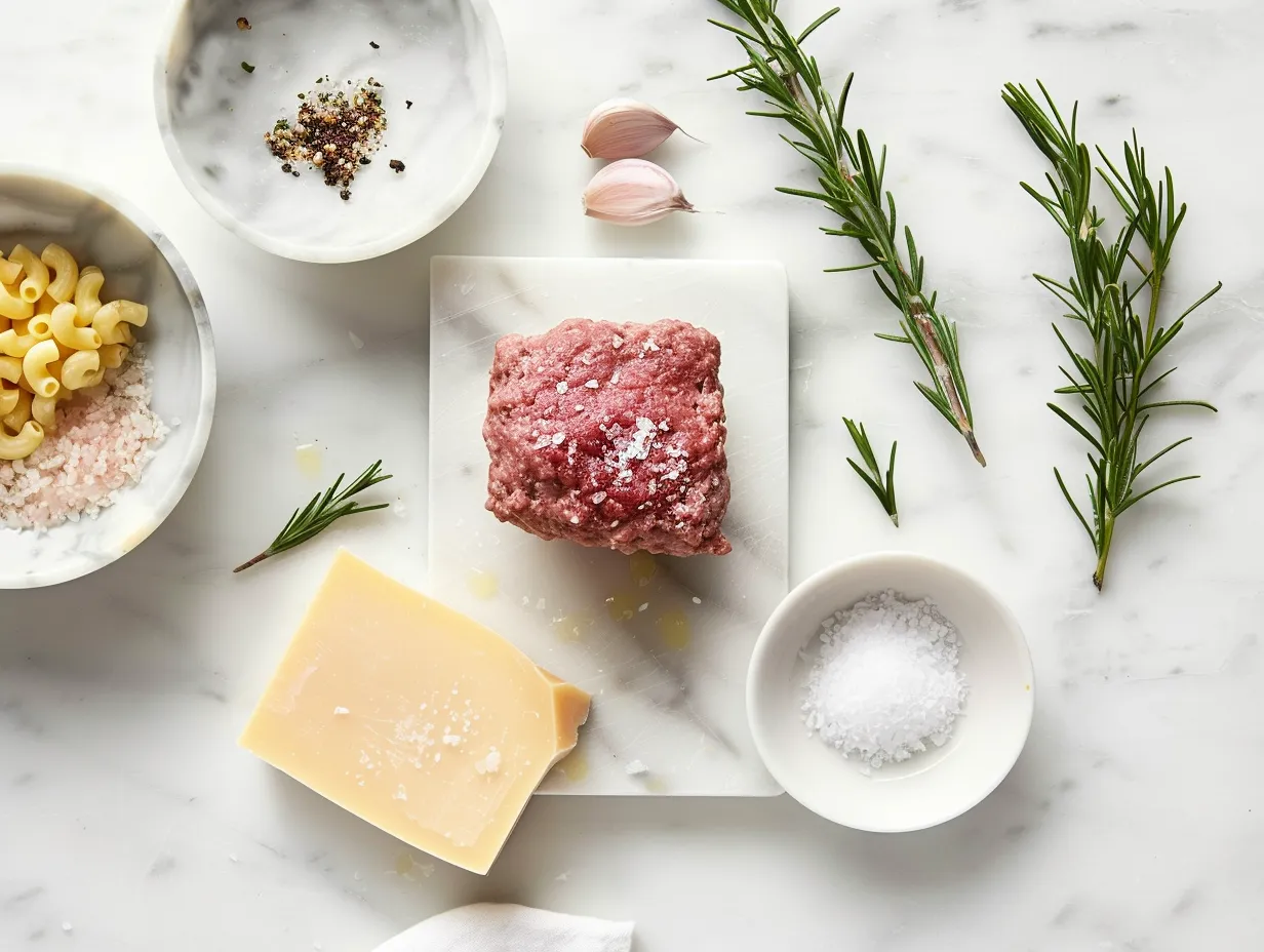 Fresh ingredients for Mac and Cheese Meatloaf, including ground beef, pasta, cheese, and vegetables.