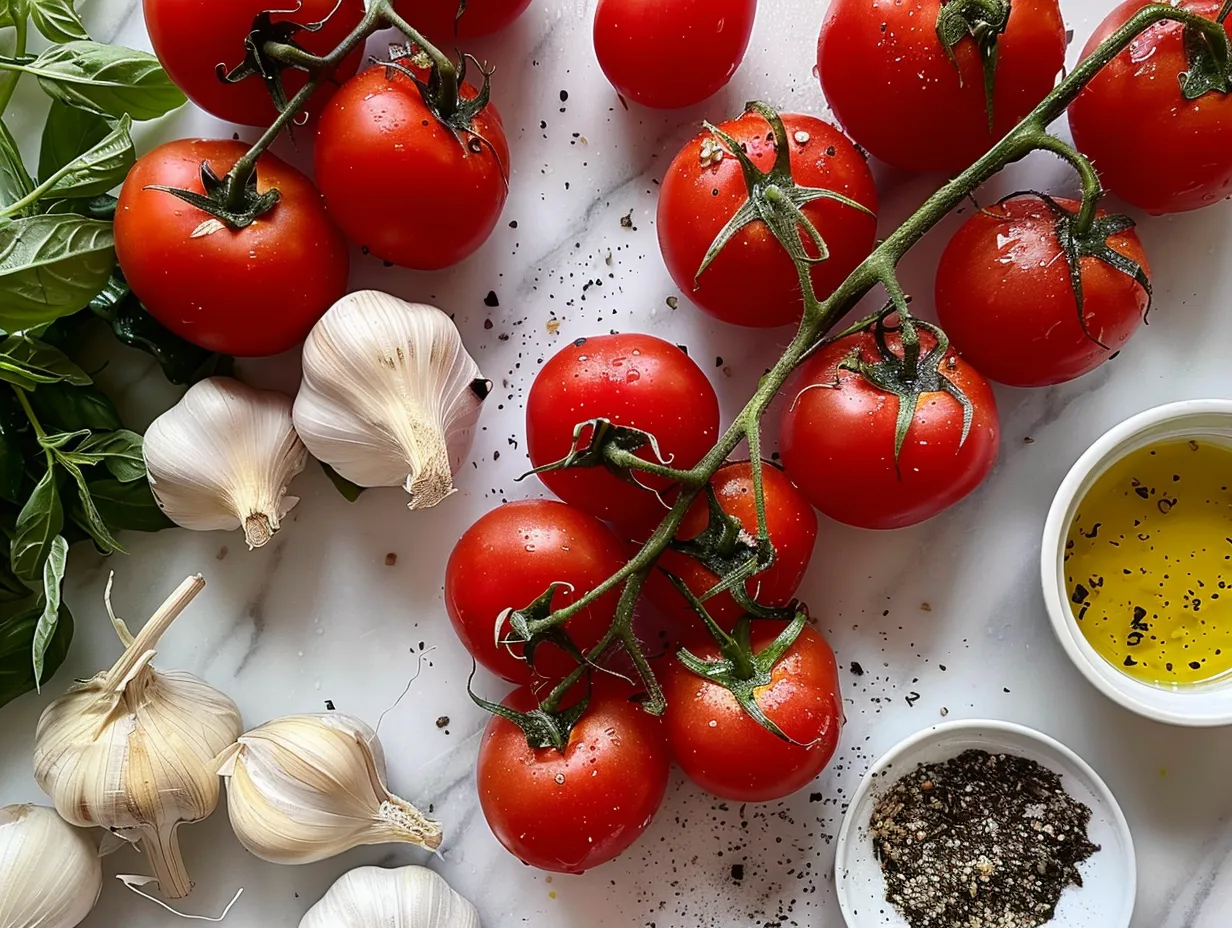 Fresh ingredients for easy marinated tomatoes on a wooden board
