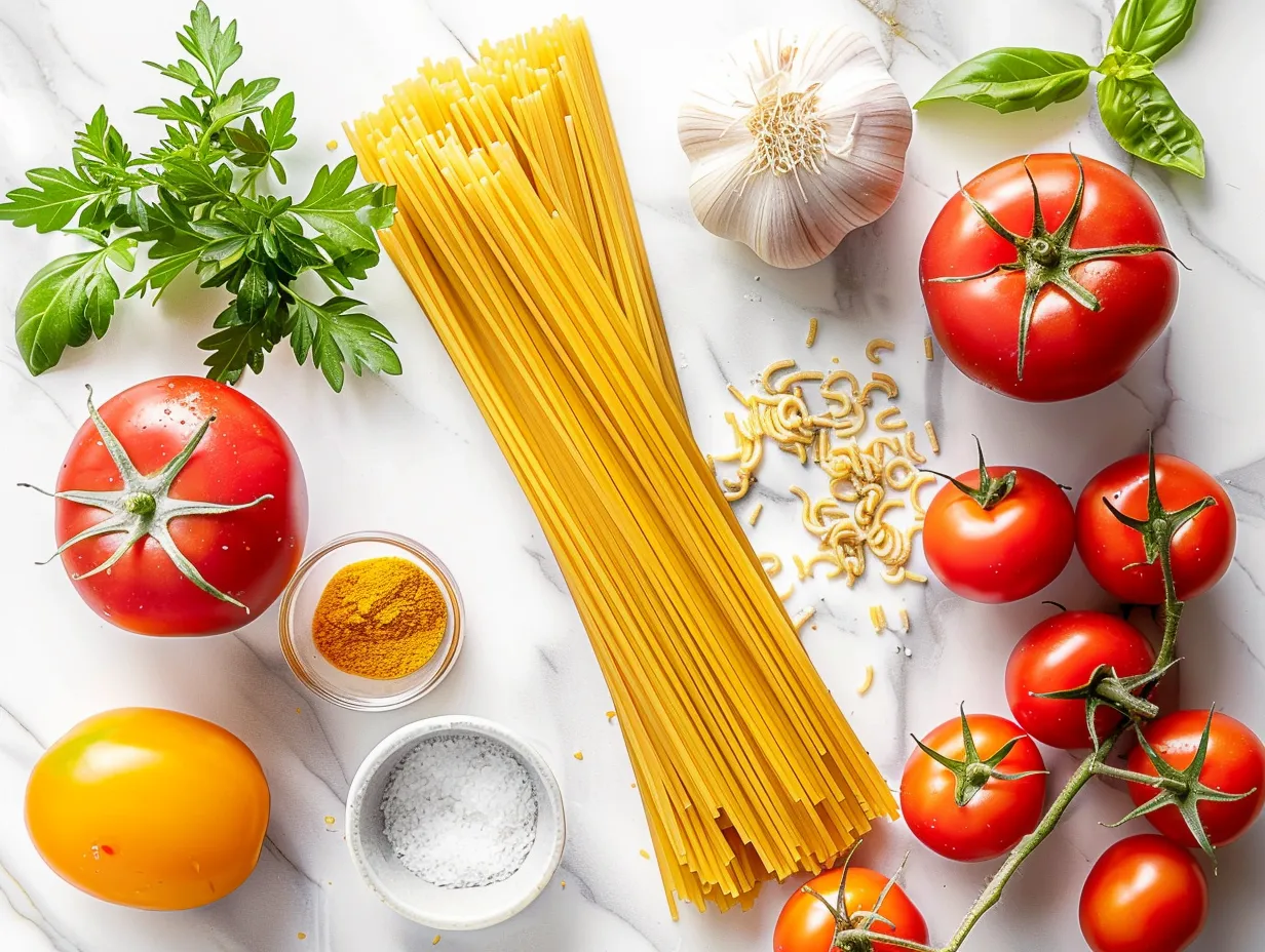 Fresh ingredients for mediterranean spaghetti salad