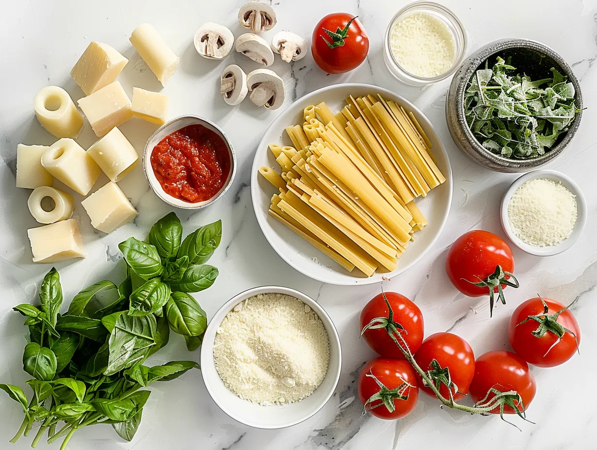 Fresh ingredients laid out on a wooden board, including tomatoes, basil, garlic, and chicken, ready for One-Pot Chicken Parmesan Pasta.